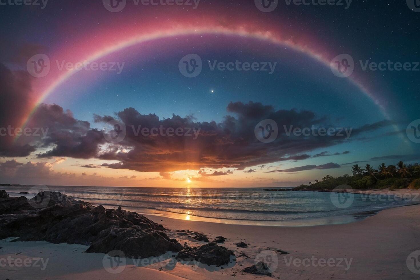 a rainbow is seen over the ocean at night photo