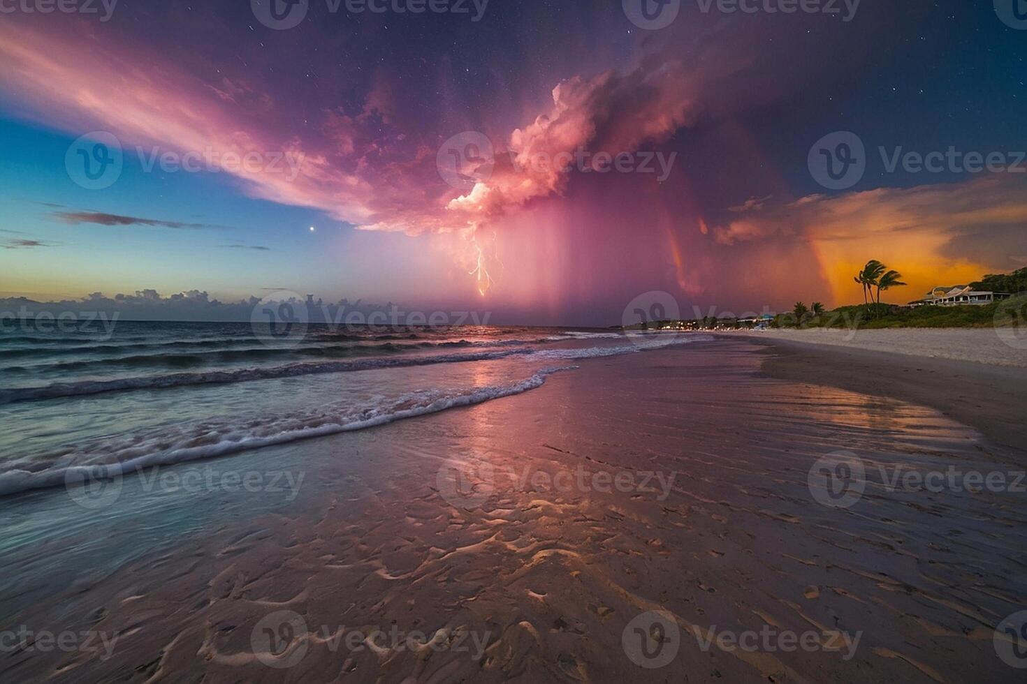 un arco iris es visto terminado el Oceano a noche foto