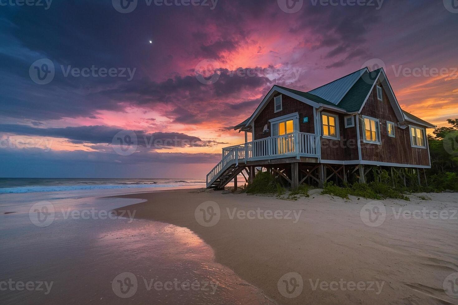 un playa casa se sienta en el arena a puesta de sol foto