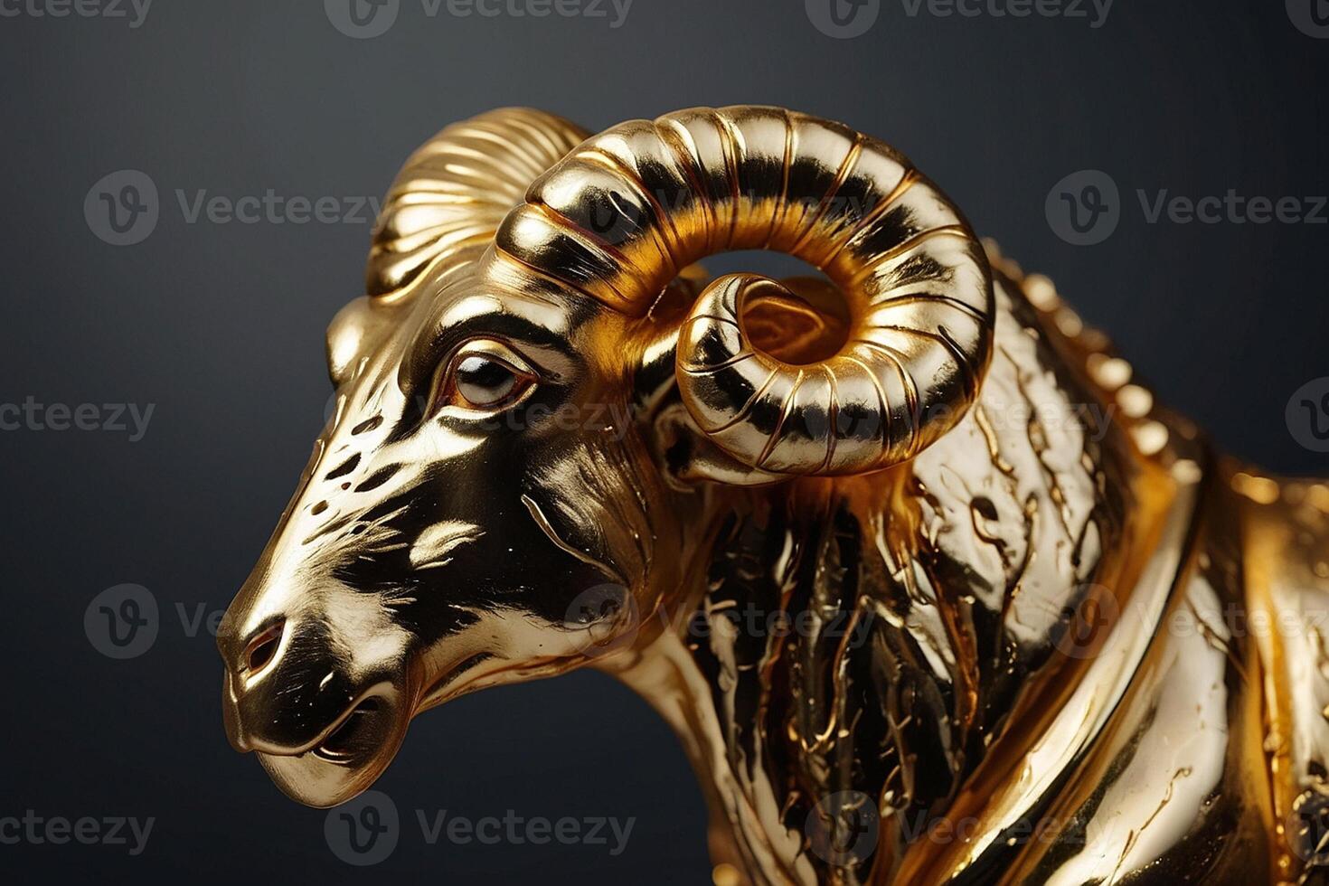 a gold ram statue on a black background photo