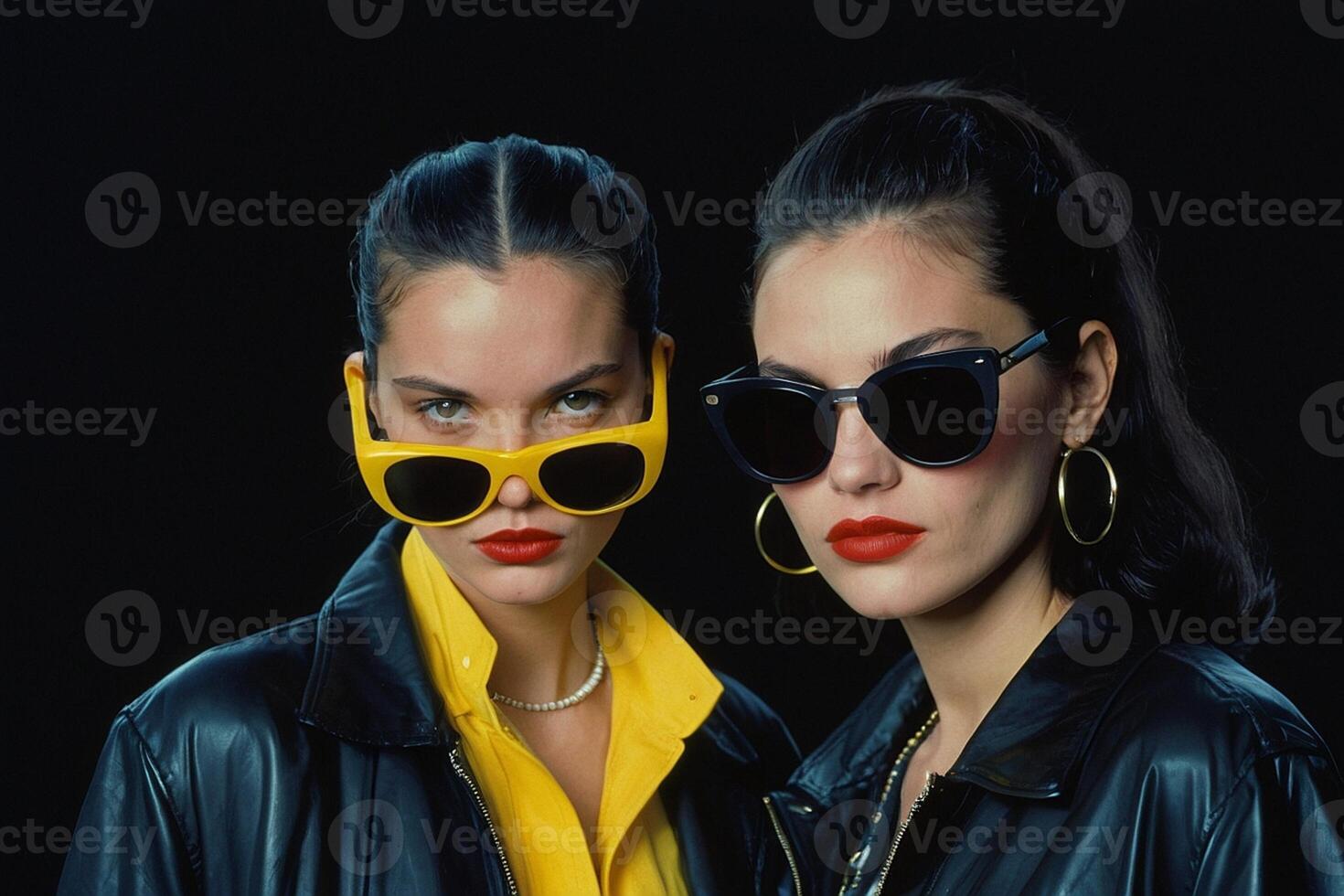 ai generado dos mujer vistiendo amarillo Gafas de sol y negro chaquetas foto