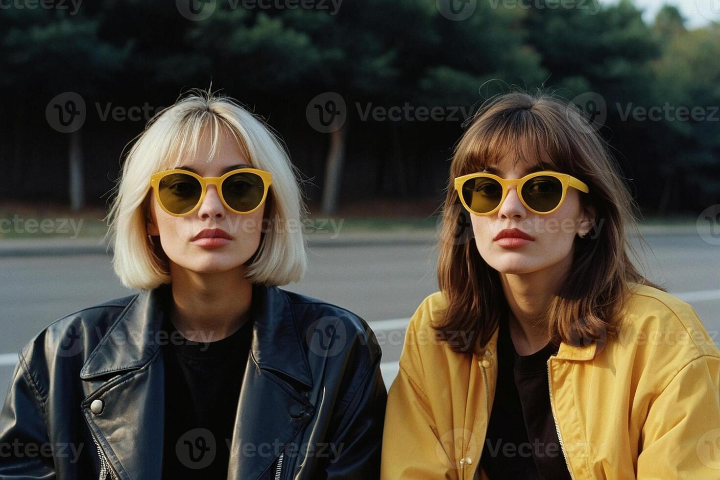 ai generado dos mujer vistiendo amarillo Gafas de sol en pie siguiente a cada otro foto