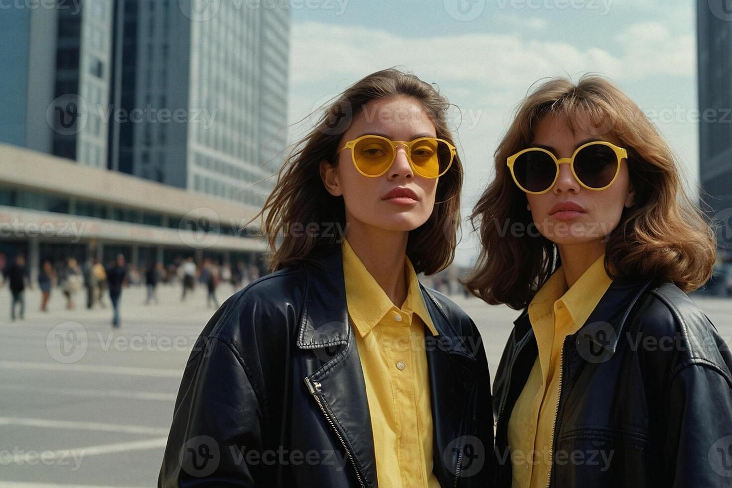 ai generado dos mujer vistiendo amarillo Gafas de sol en pie siguiente a cada otro foto