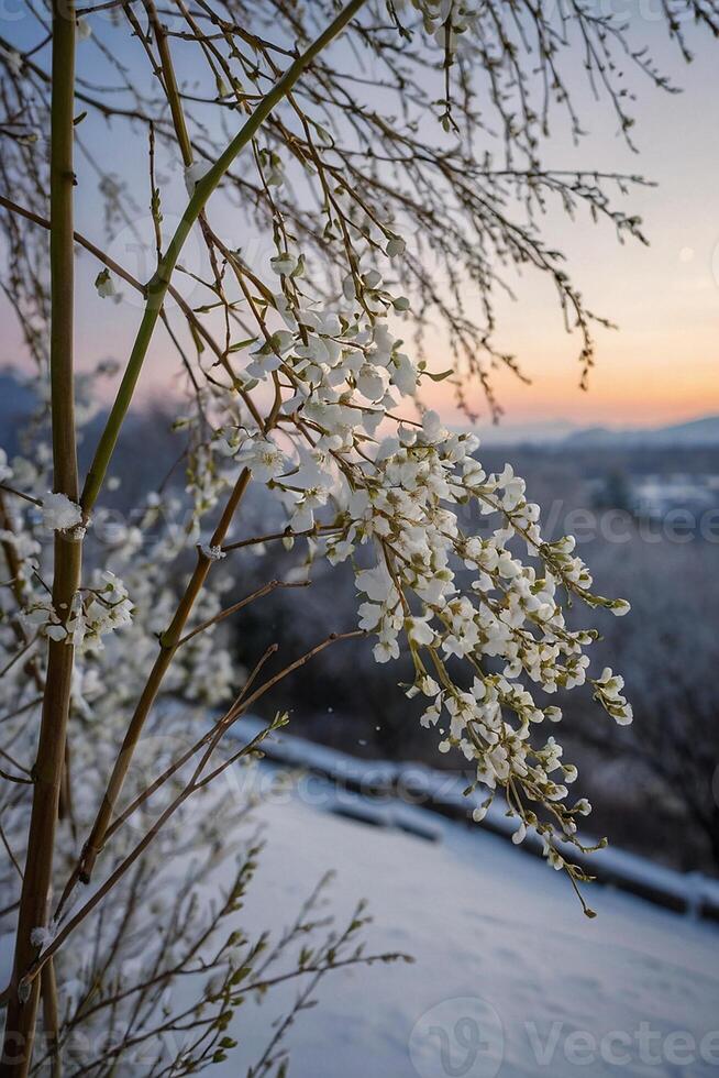 ai generado un árbol con blanco flores en el nieve foto