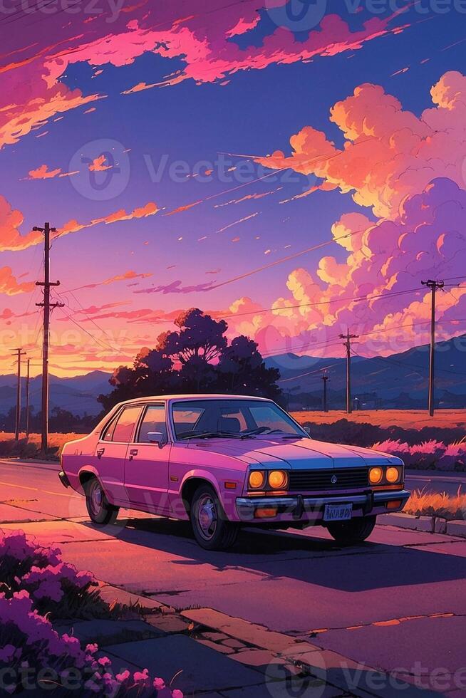 AI generated a pink car is parked on the road at sunset photo