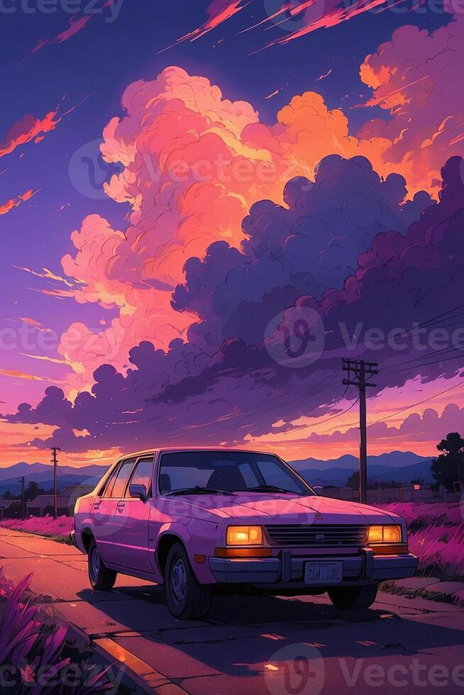 AI generated a pink car is parked on the road at sunset photo