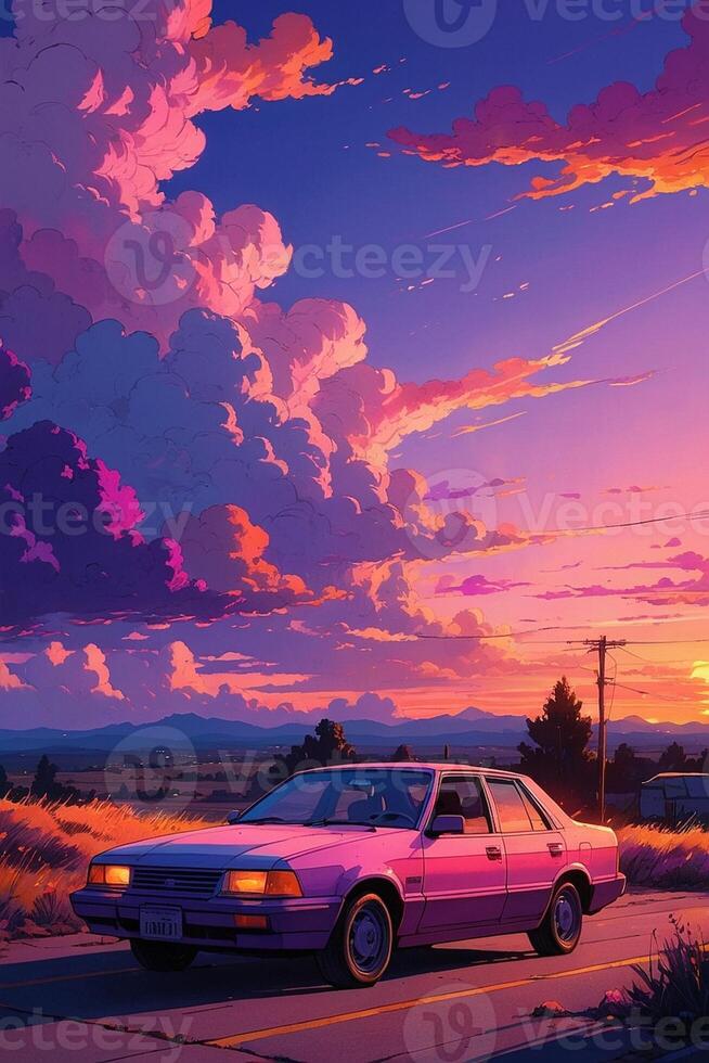 AI generated a purple car is driving down the road at sunset photo