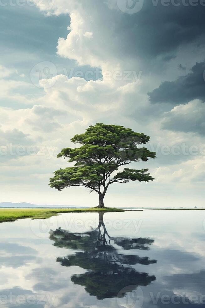 ai generado un solitario árbol es reflejado en un lago foto