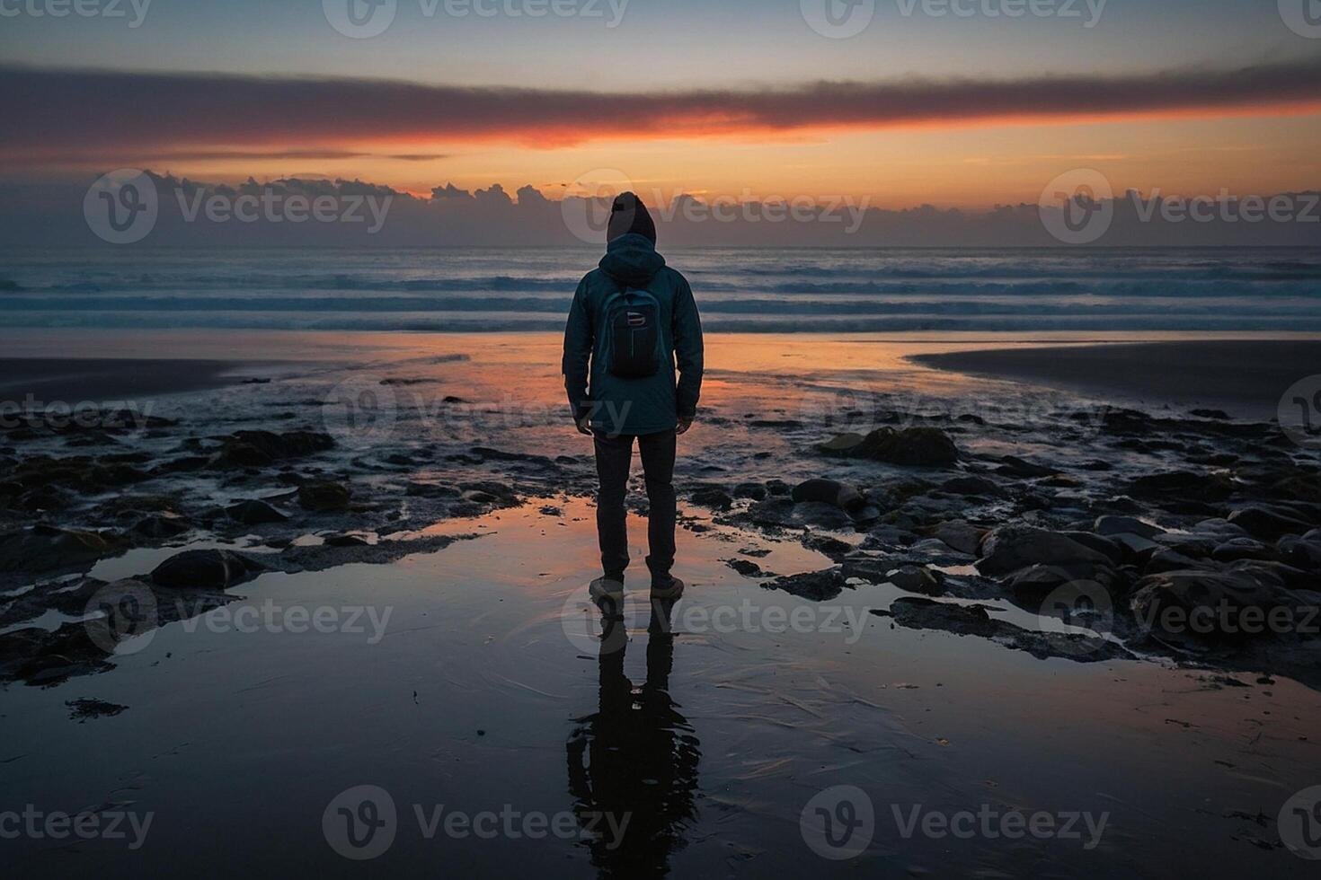 AI generated a person standing on the beach at sunset photo
