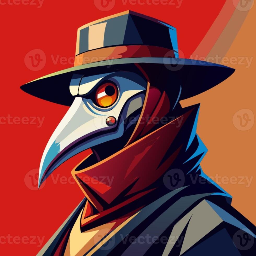 AI generated a plague doctor with a hat and a bird on his head photo