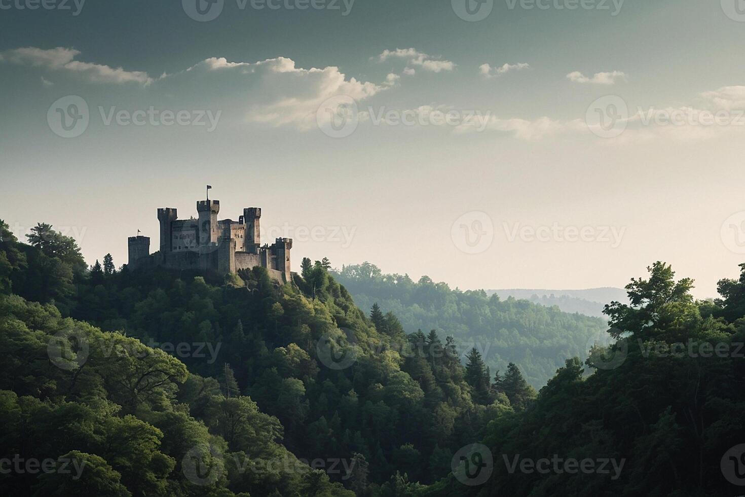 ai generado un castillo se sienta en parte superior de un colina rodeado por arboles foto