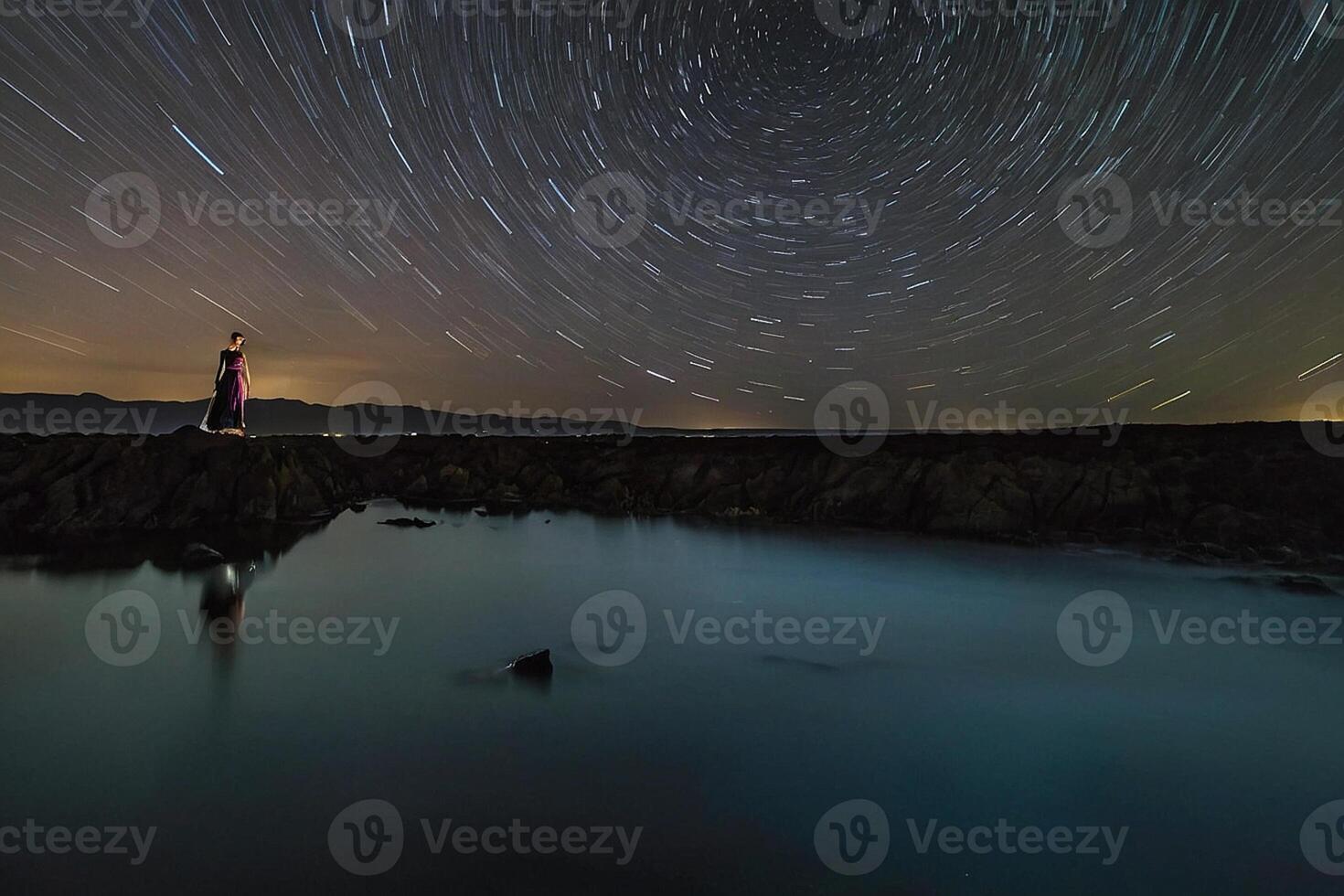 AI generated a person standing on rocks at night with star trails photo