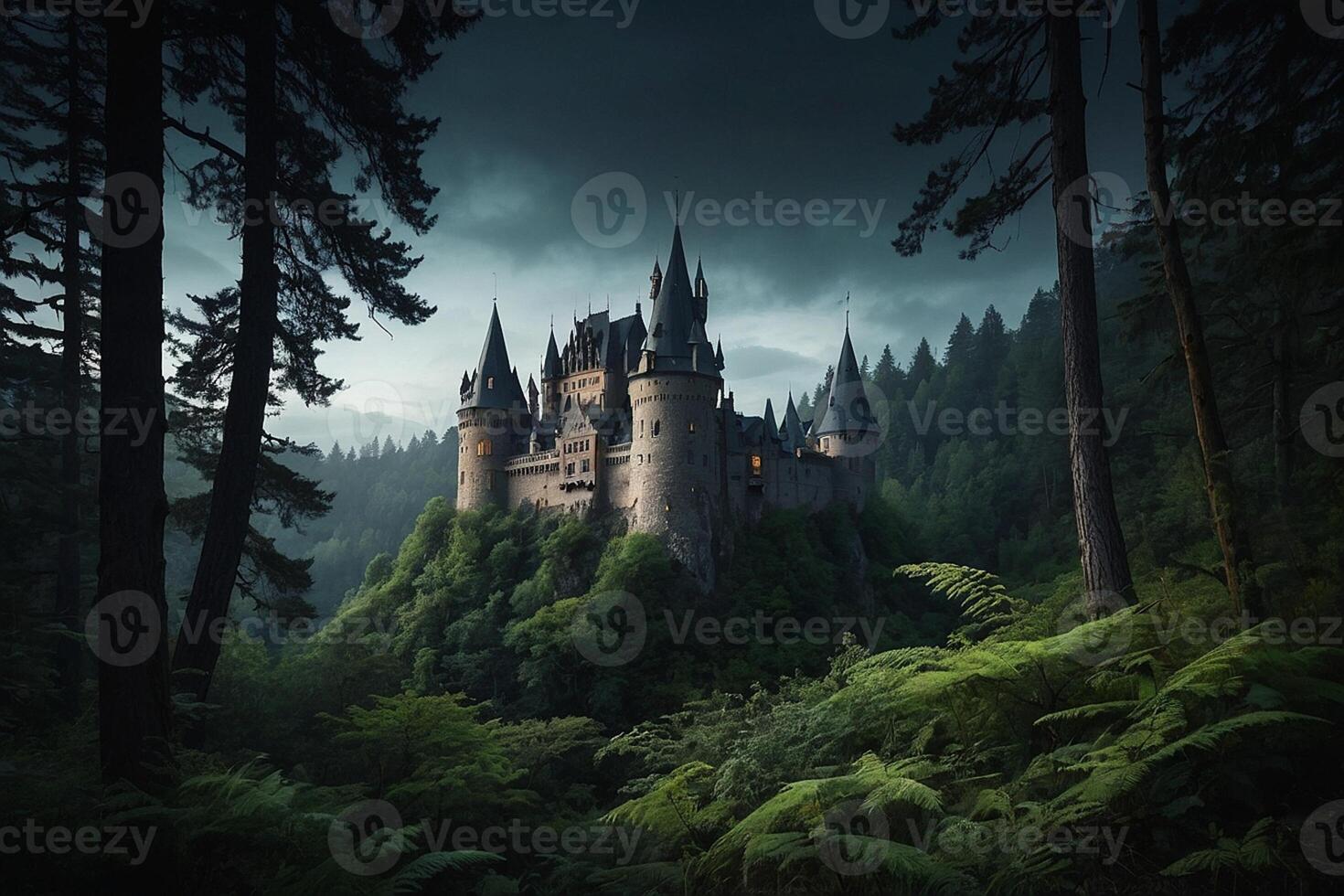 AI generated a castle in the woods surrounded by ferns photo