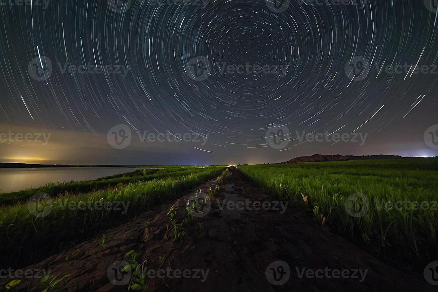 AI generated star trails over the water and grassy field photo