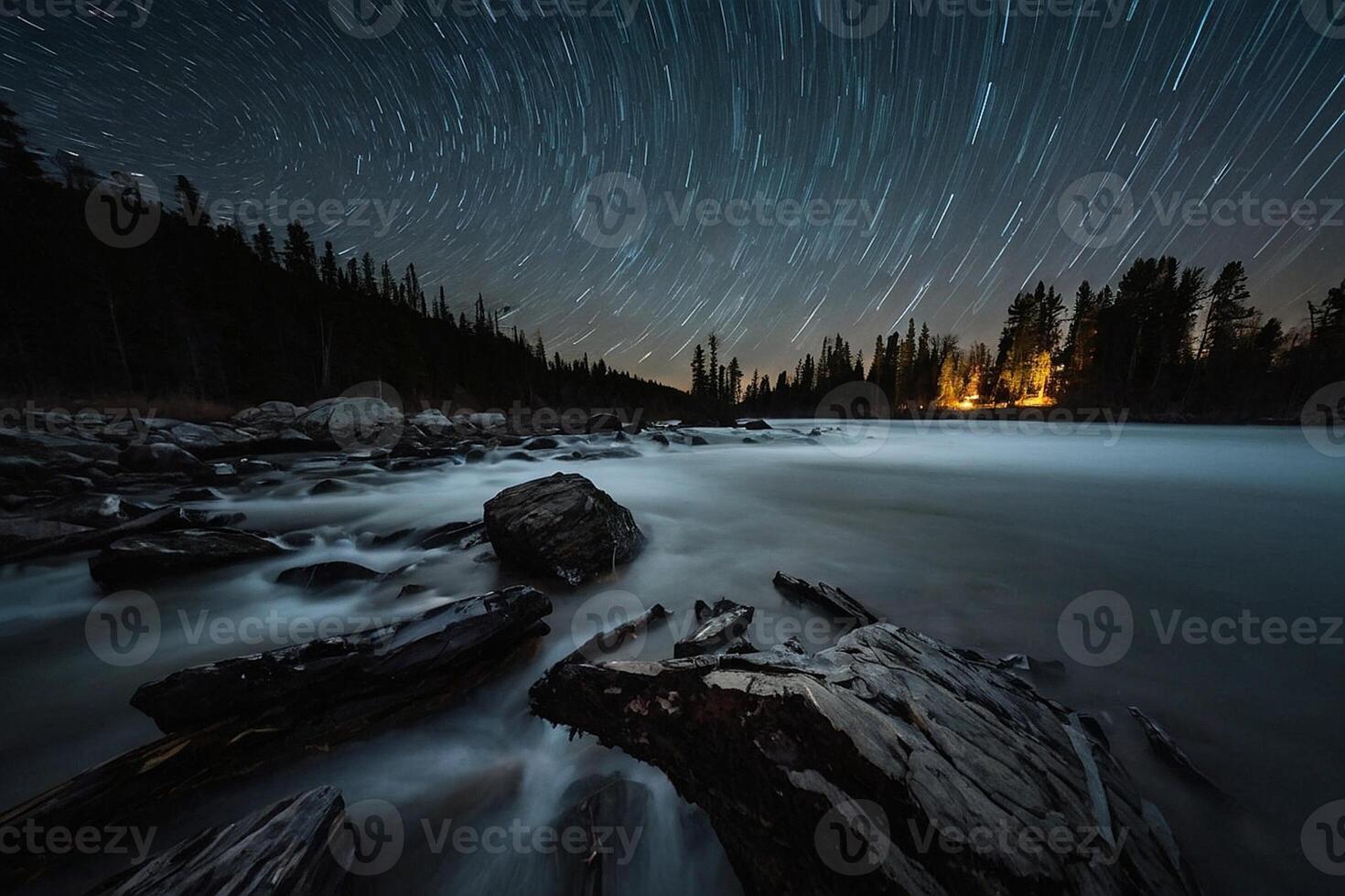 AI generated river flows over rocks at sunset photo