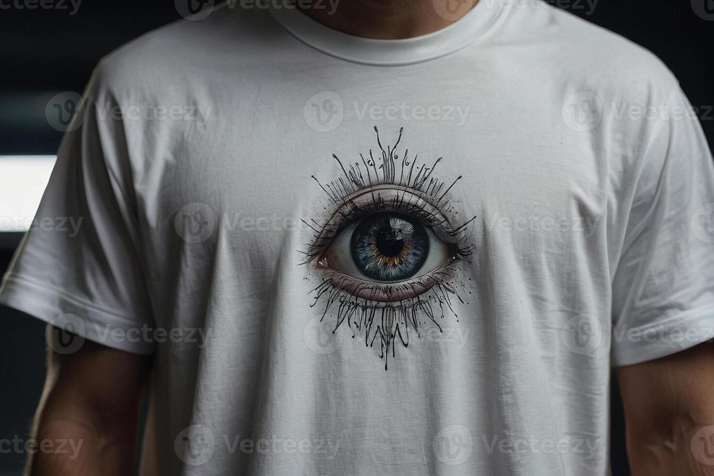 ai generado un hombre vistiendo un t - camisa con un ojo en eso foto