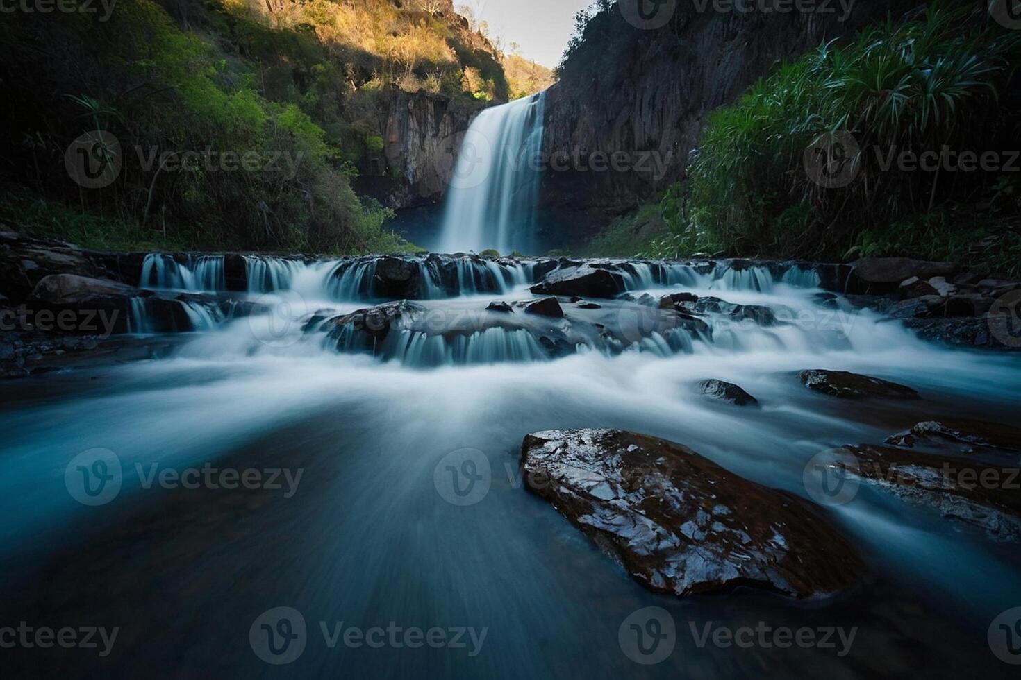 AI generated waterfall in the jungle at sunset photo