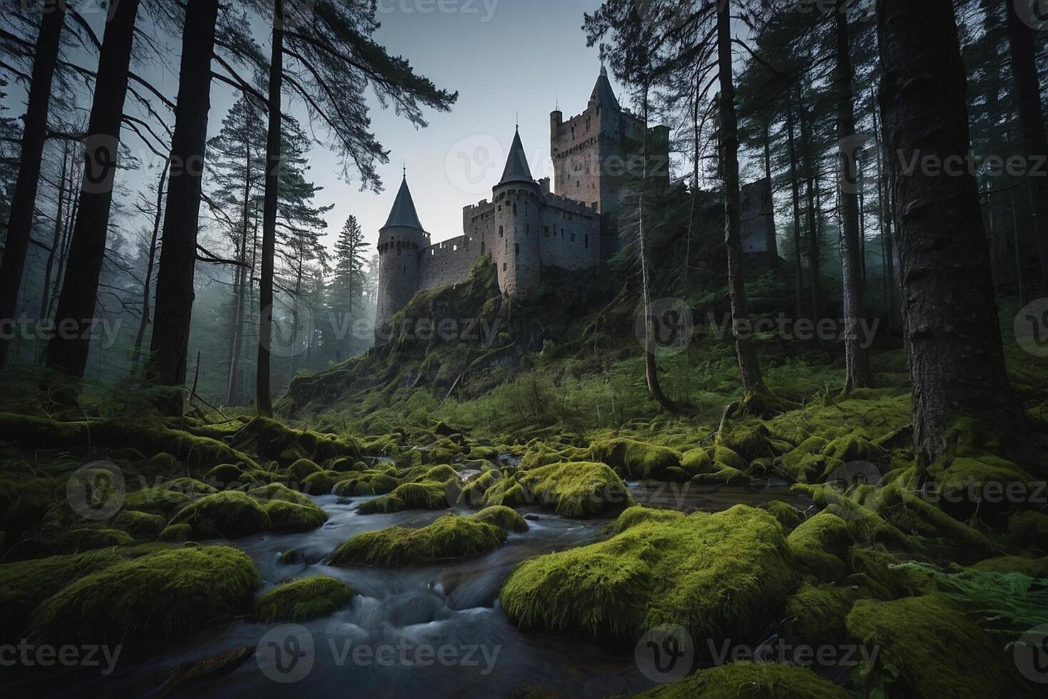 ai generado el castillo es rodeado por arboles y arbustos foto