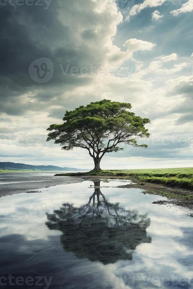 AI generated drawing of a tree on an island with water and clouds photo