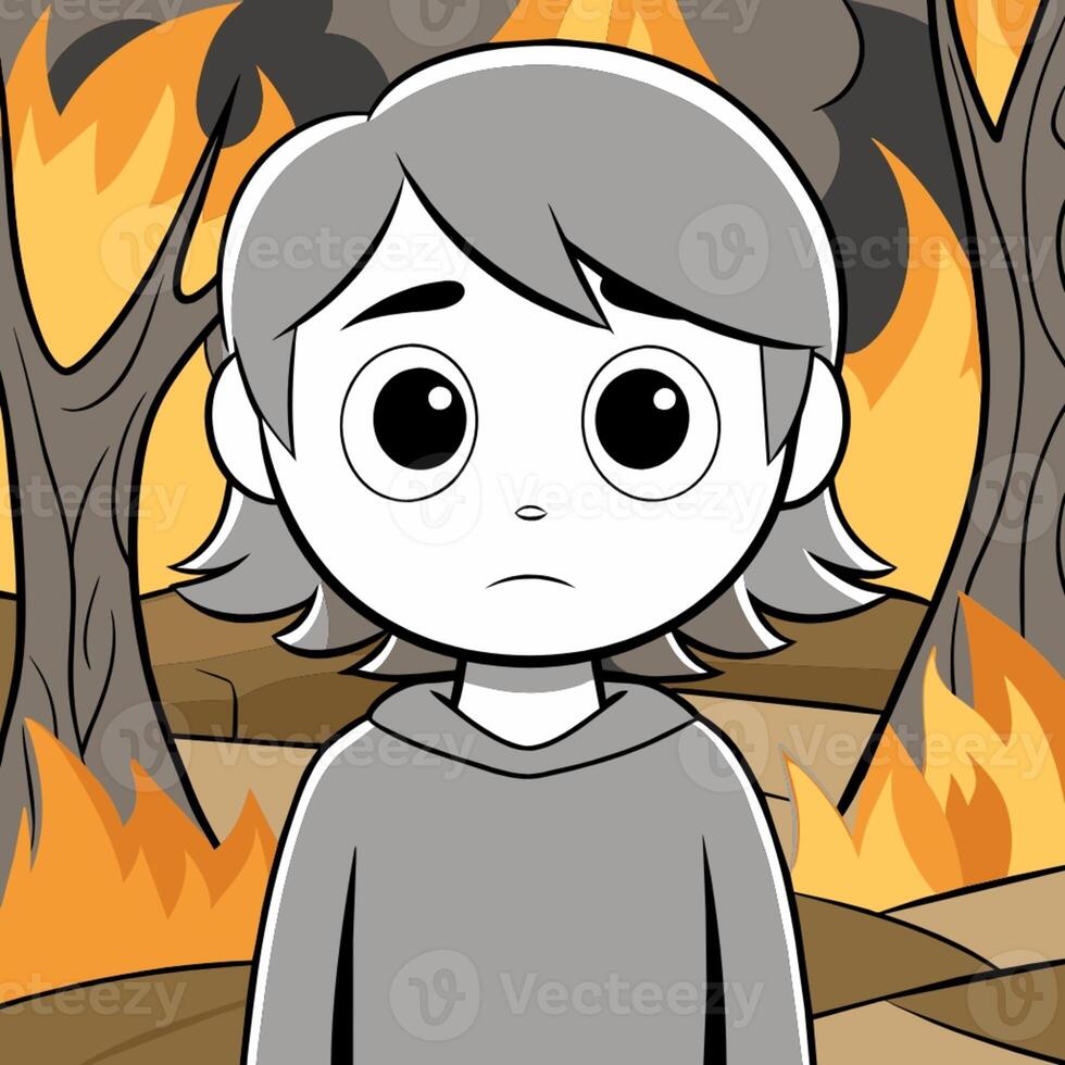 a cartoon boy standing in front of a fire photo