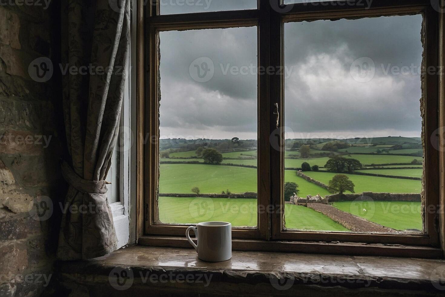 un taza de té se sienta en un ventana umbral en un país cabaña foto