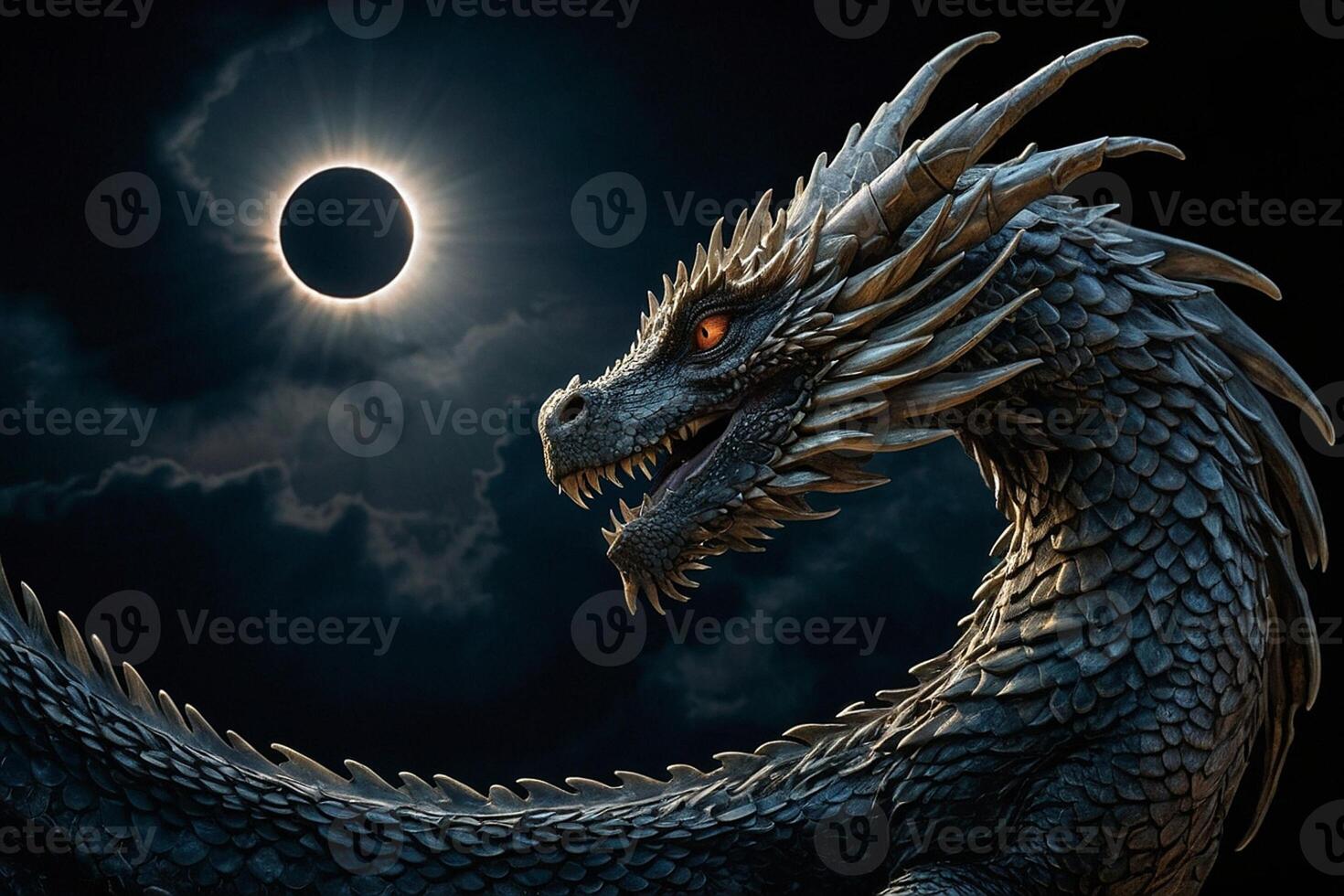 a dragon with its head facing the sun photo