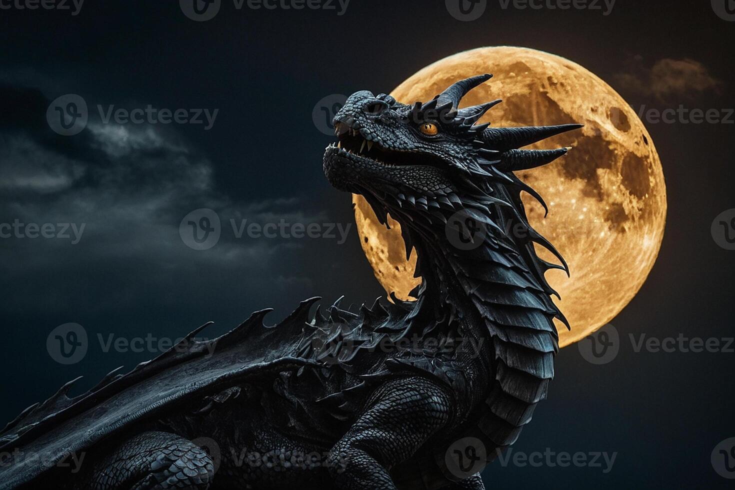 a dragon with its head facing the sun photo