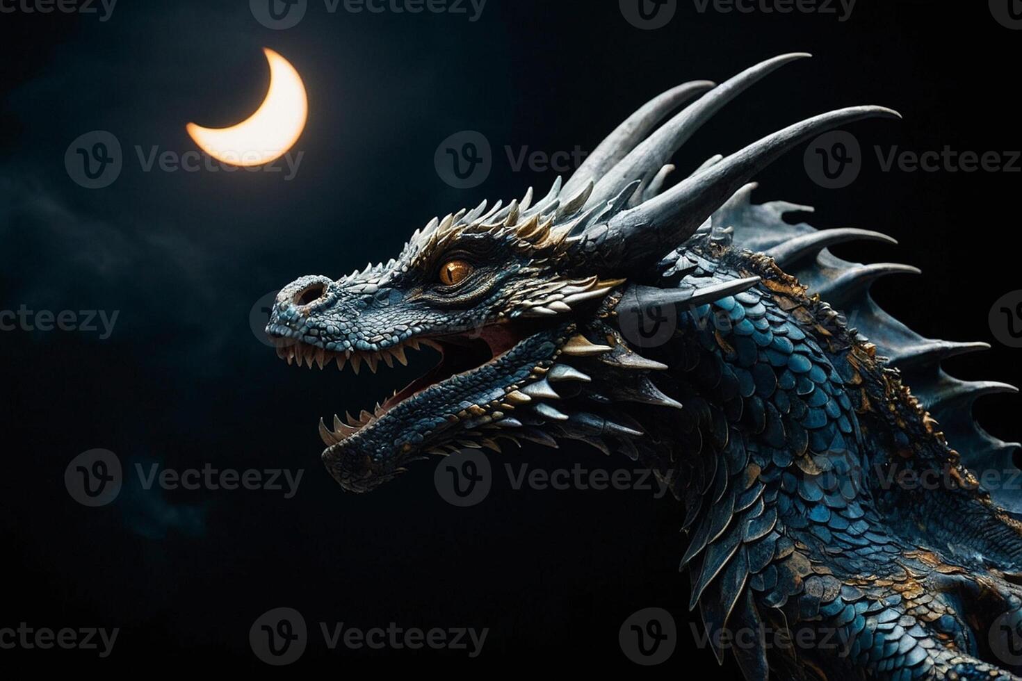 a dragon with its head facing the sun photo