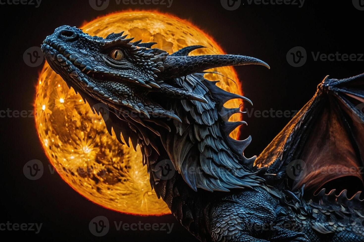 a dragon statue with its wings spread out in front of a full moon photo