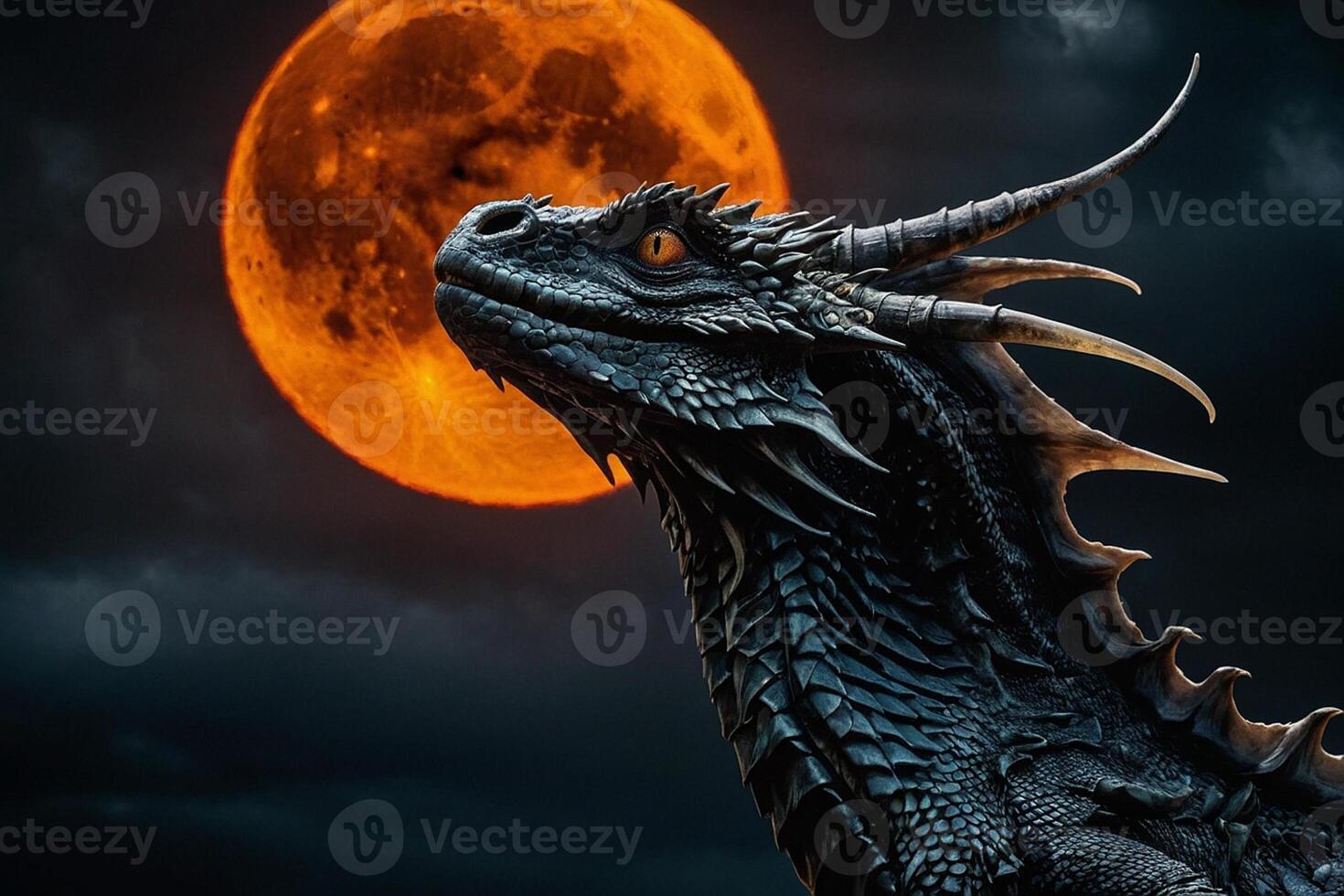 a dragon statue with its wings spread out in front of a full moon photo