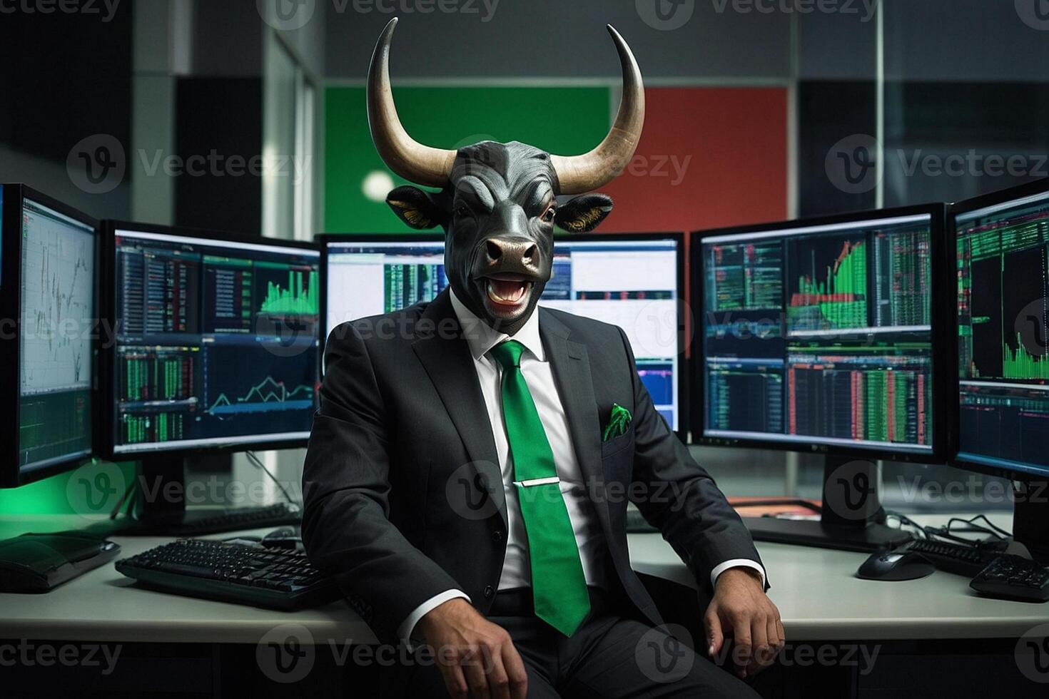 a man wearing a bull mask sitting at a desk with multiple computer screens photo