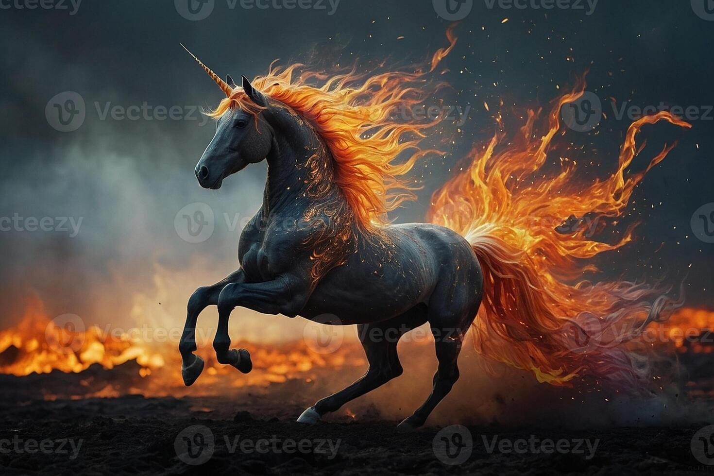 a horse with fire on its mane running through the air photo