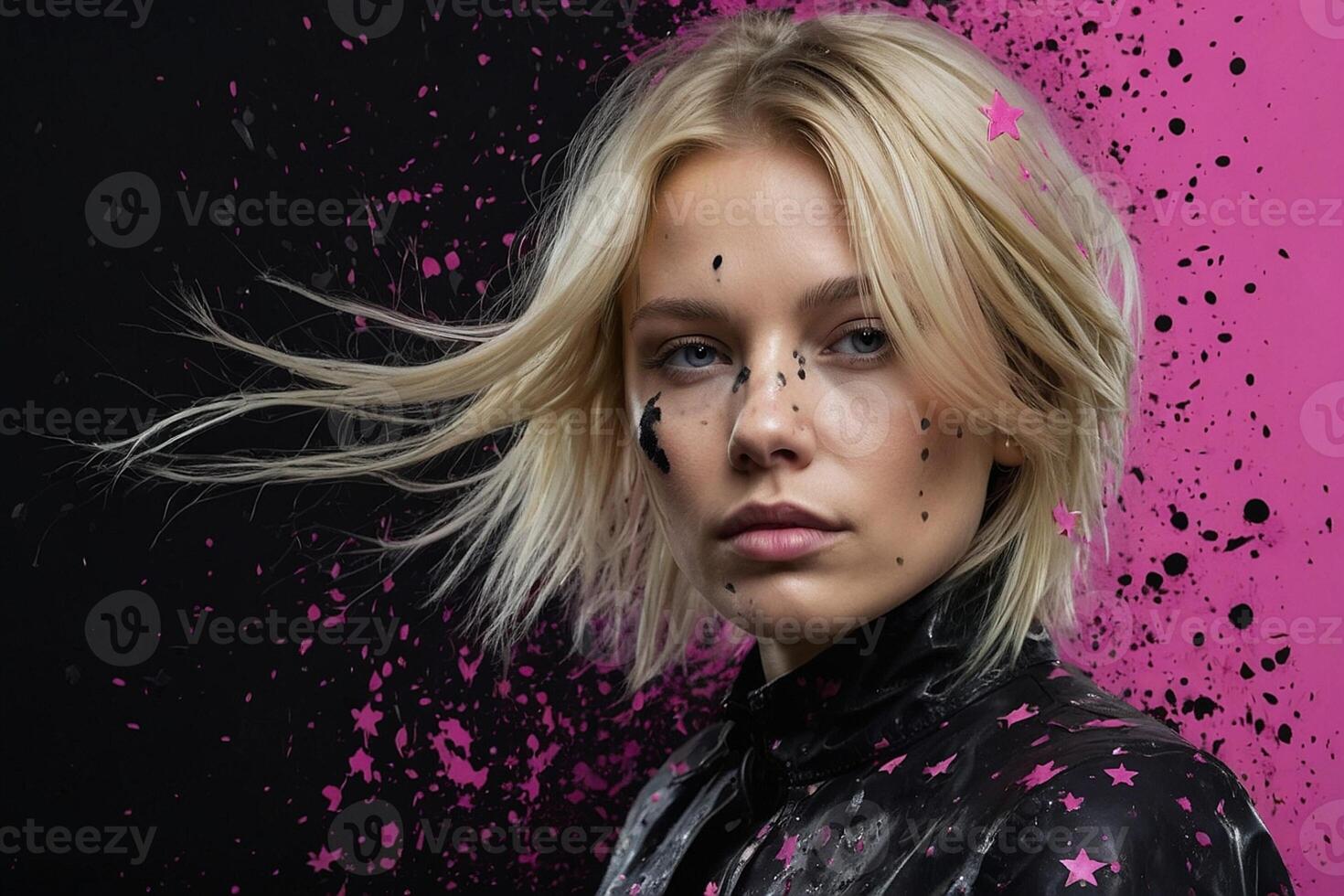 a woman with blonde hair and pink paint splatters photo