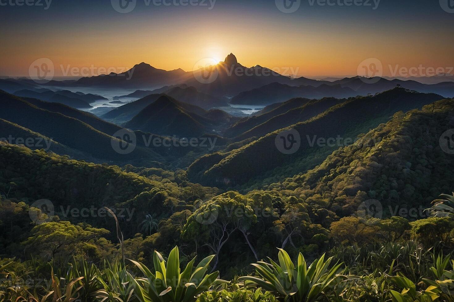 the sun sets over the mountains and vegetation photo