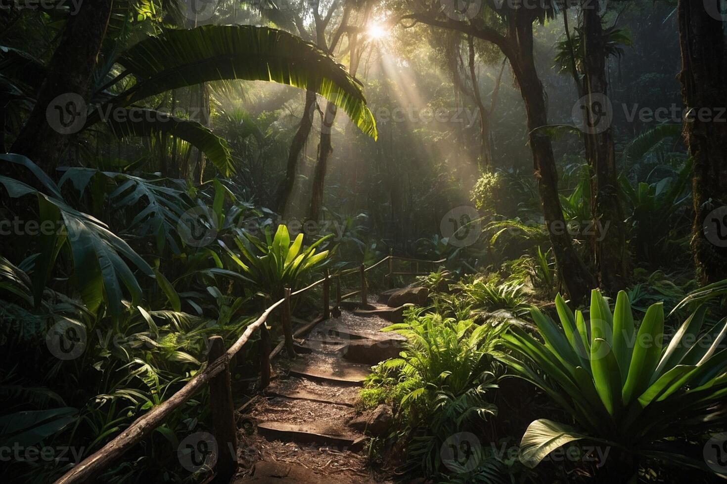 a path through the jungle with sunlight shining down photo