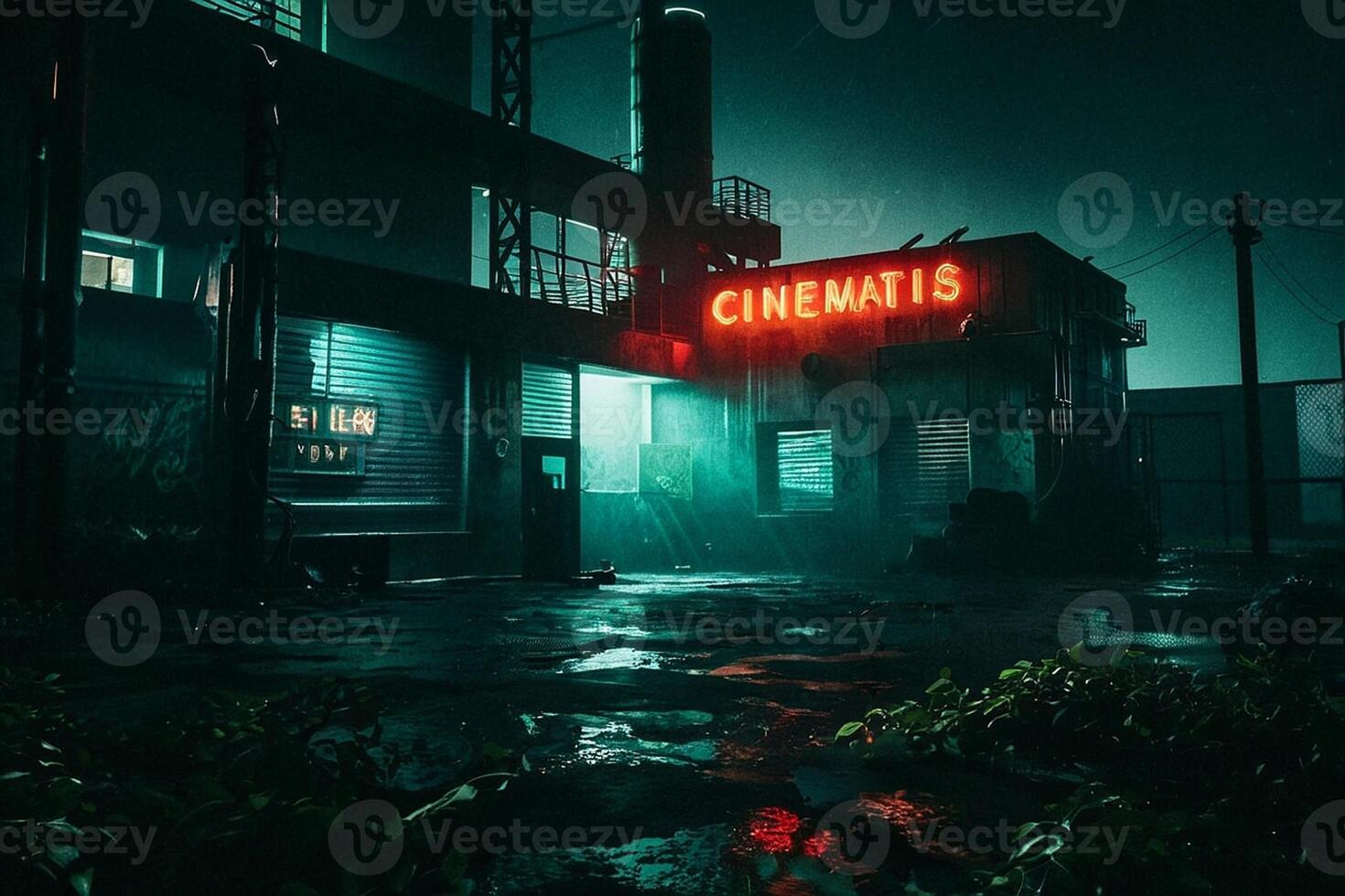 a neon sign that says cinemas at night photo