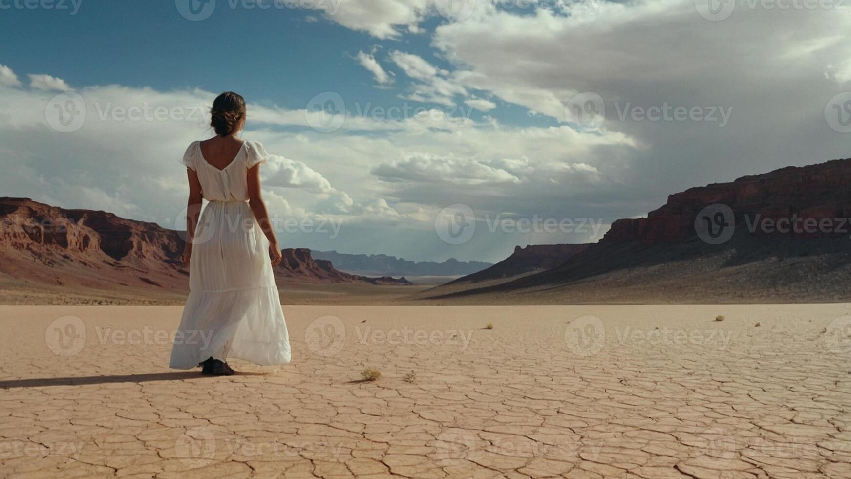 un mujer en un negro vestir caminando en el Desierto foto