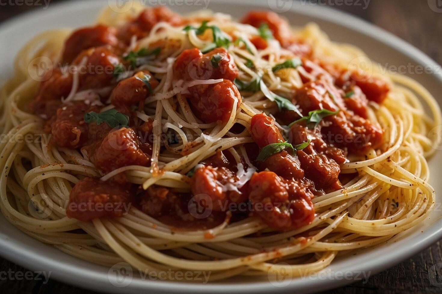 spaghetti with tomato sauce and basil photo