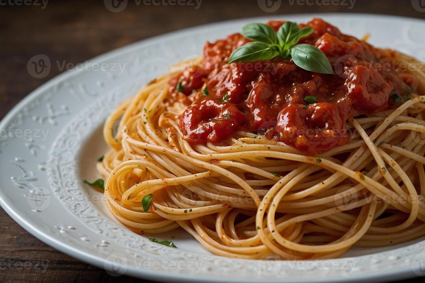 spaghetti with tomato sauce and basil photo