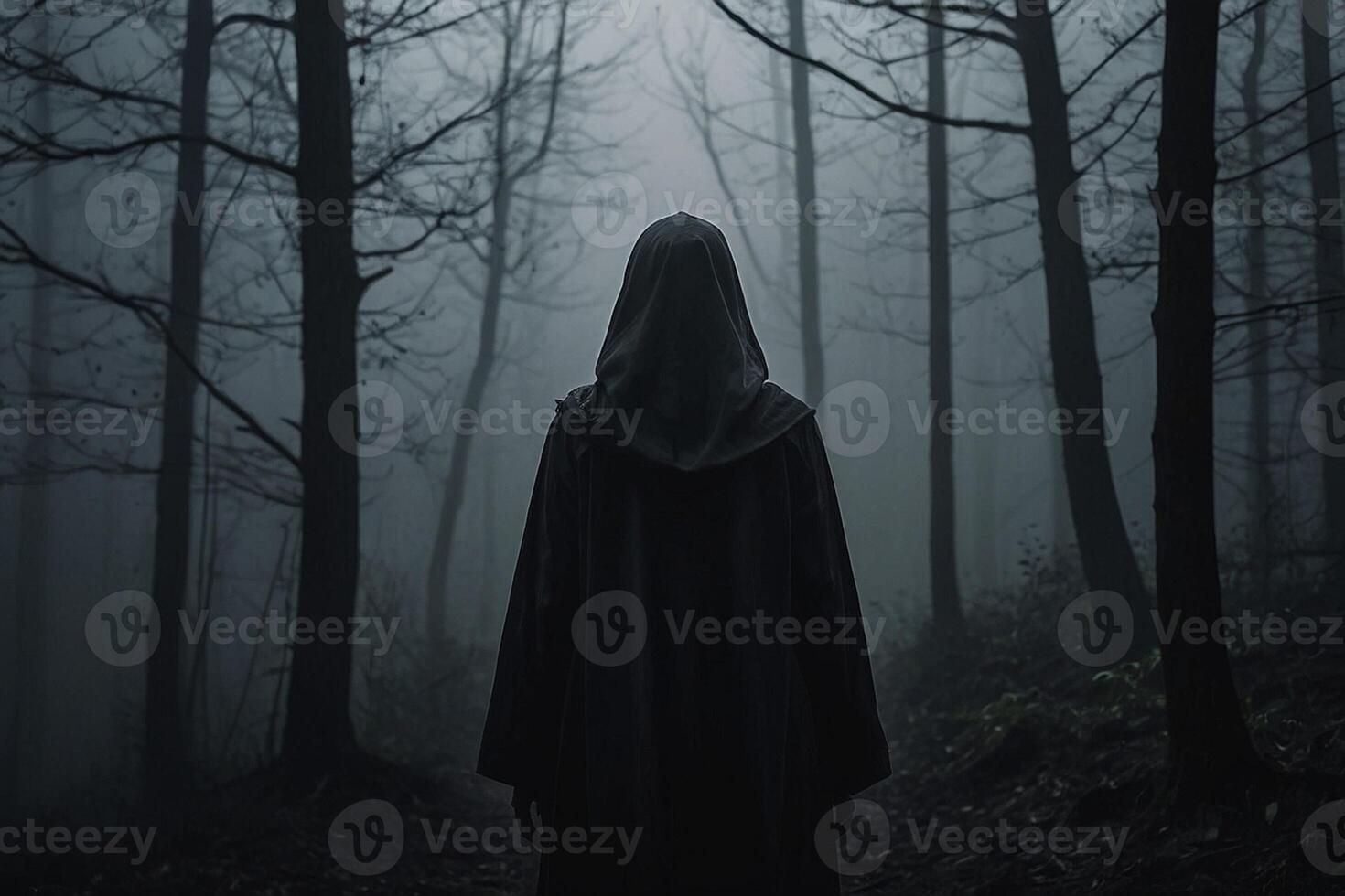 un persona en un encapuchado capa en pie en el bosque foto