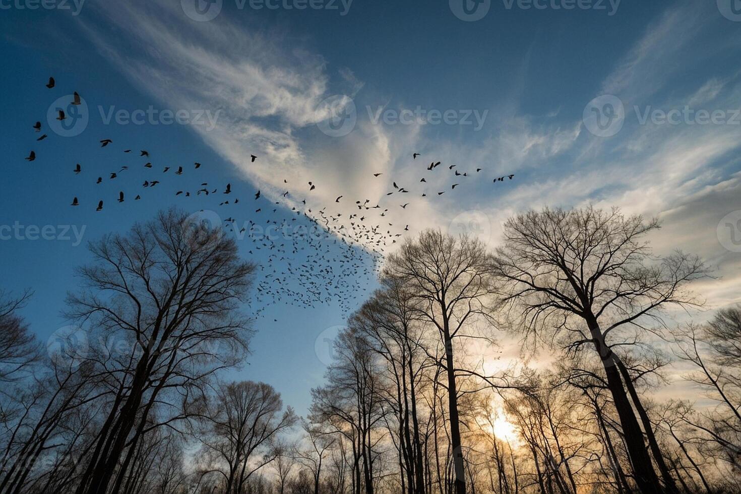 a flock of birds fly over a forest at sunset photo