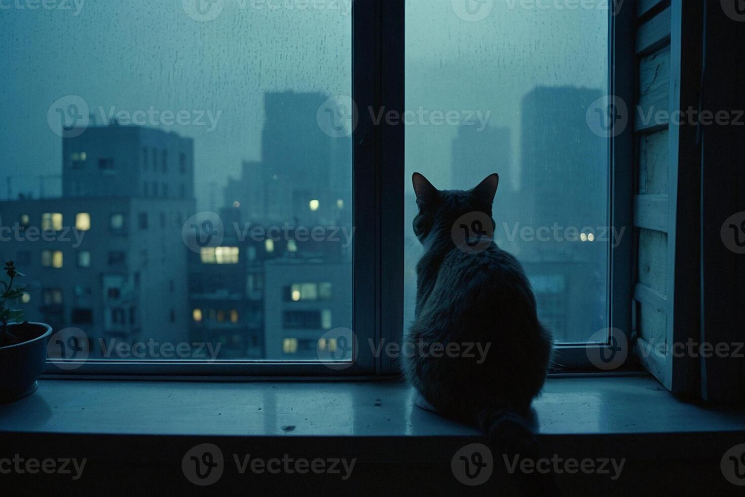 a cat sitting on a window sill looking out at the city photo