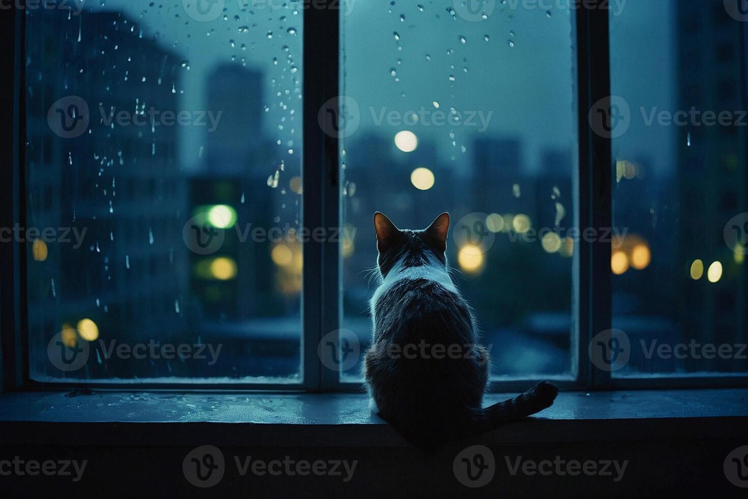a cat sitting on a window sill looking out at the city photo