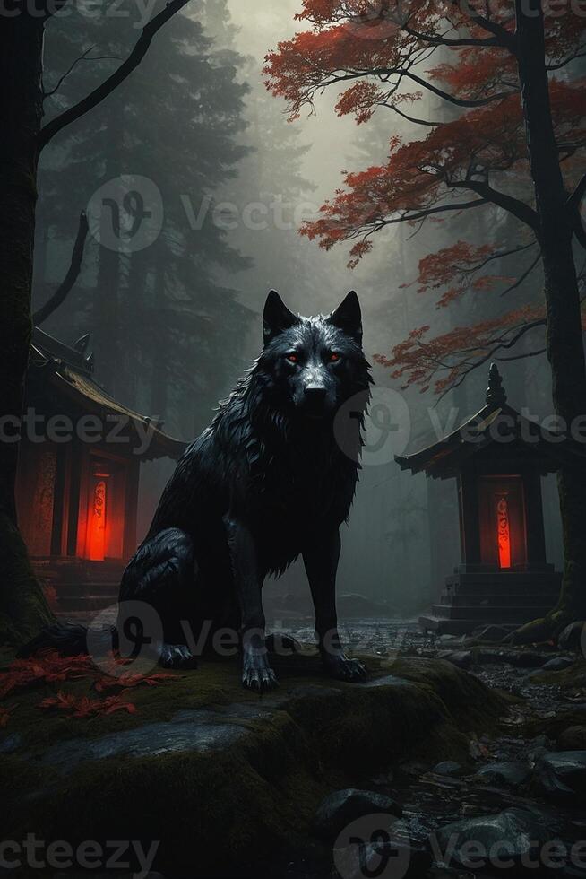 a black wolf sitting in front of a temple photo