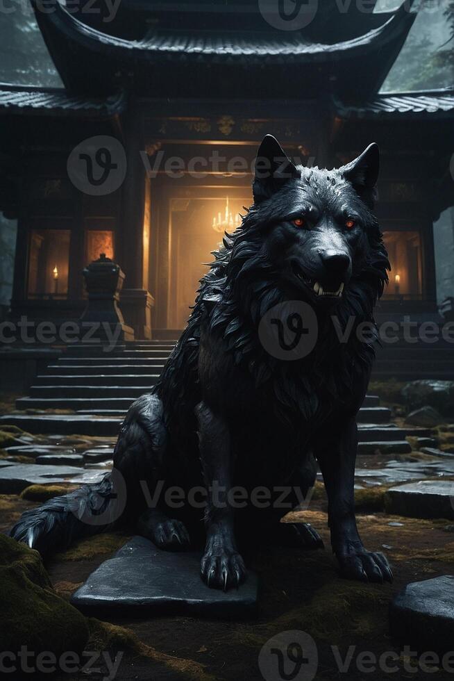 a black wolf sitting in front of a temple photo
