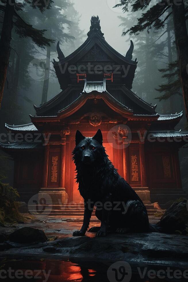 un negro lobo sentado en frente de un templo foto