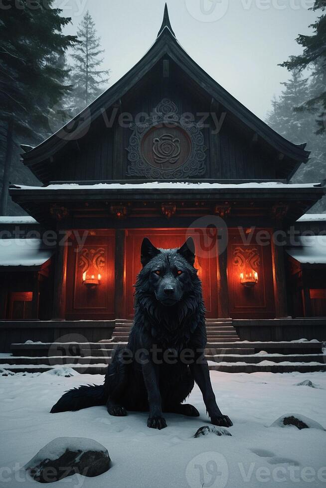 a black wolf sitting in front of a temple photo