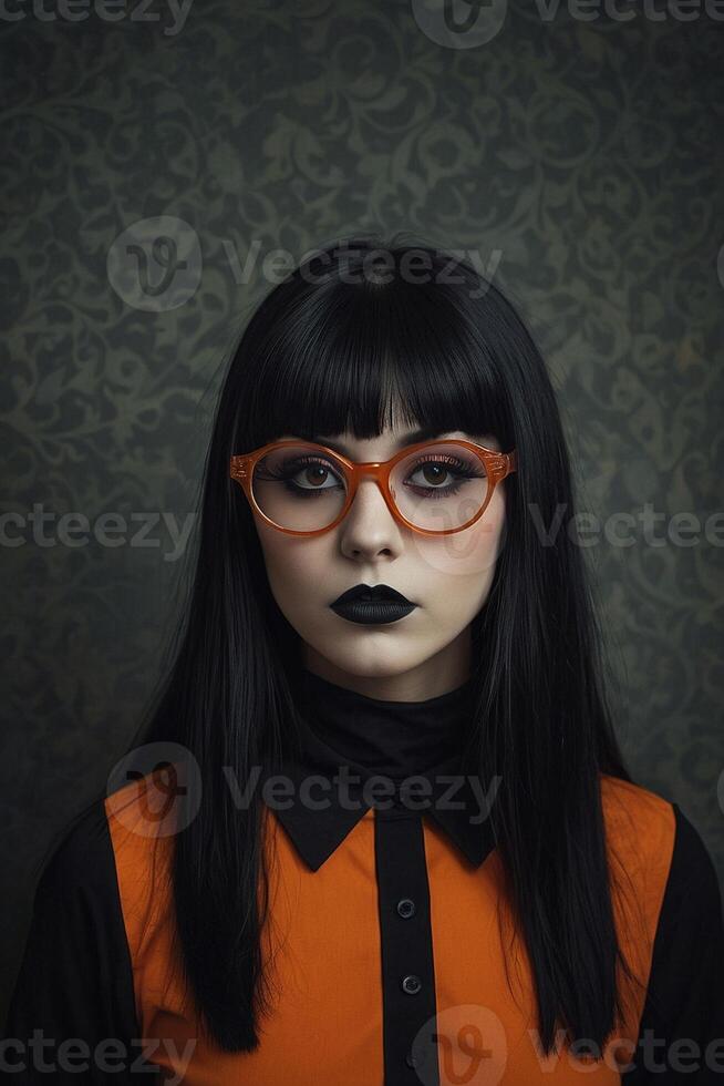 un mujer con negro pelo y lentes foto