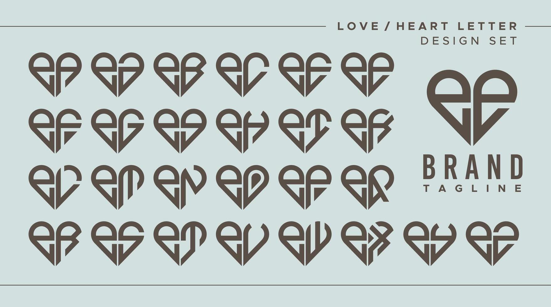 Set of love heart lowercase letter E EE logo design vector