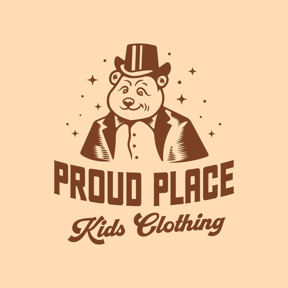 Funny gentlemen bear in suit wearing hat kids retro logo vector